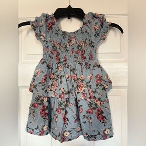 Gymboree Blue Floral Smocked Tiered Dress with Pink Roses